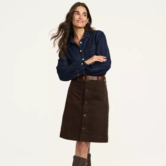 Women's Corduroy Mid Rise Button Through Above the Knee Skirt - primary