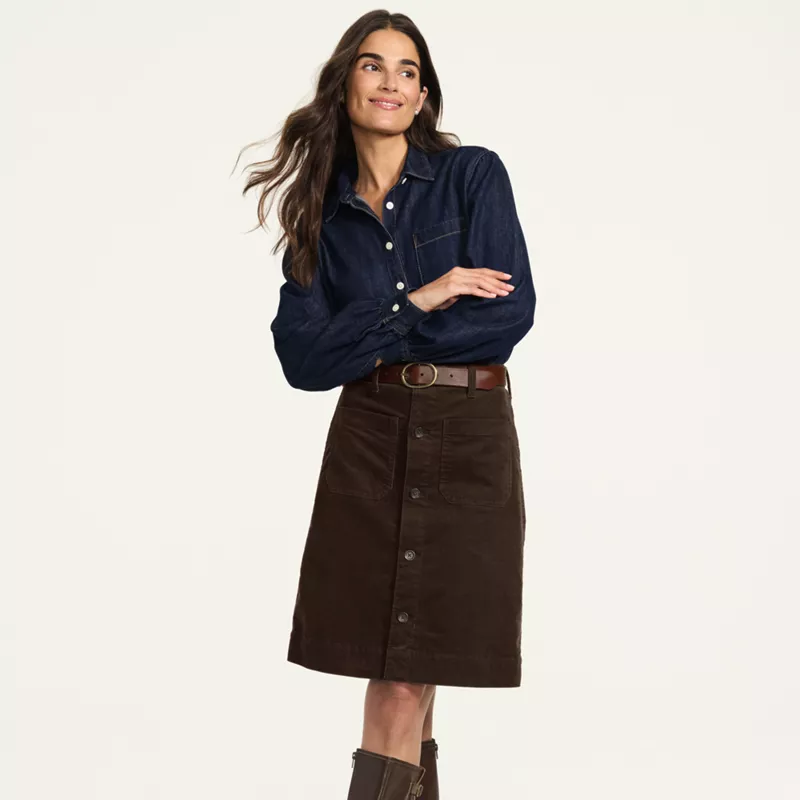 Women's Corduroy Mid Rise Button Through Above the Knee Skirt, alternative image