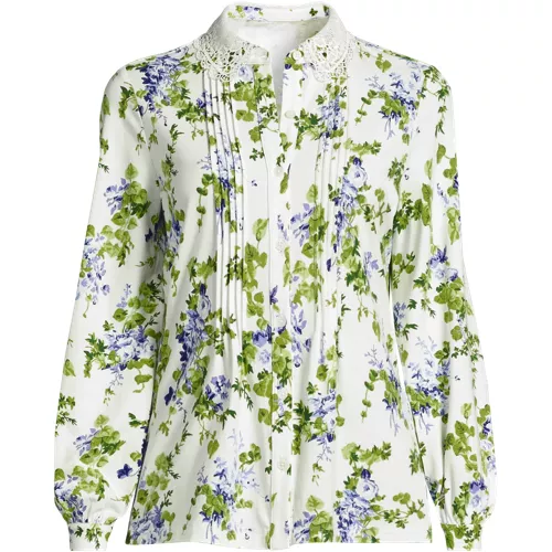 Women's Long Sleeve Lightweight Jersey Button Front Trim Collar Pintuck Blouse, Front