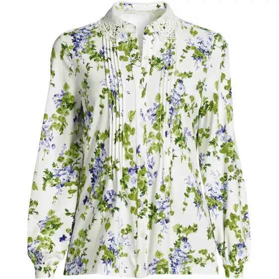 Women's Long Sleeve Lightweight Jersey Button Front Trim Collar Pintuck Blouse - primary