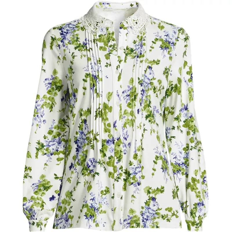 Women's Plus Size Long Sleeve Lightweight Jersey Button Front Trim Collar Pintuck Blouse, Front