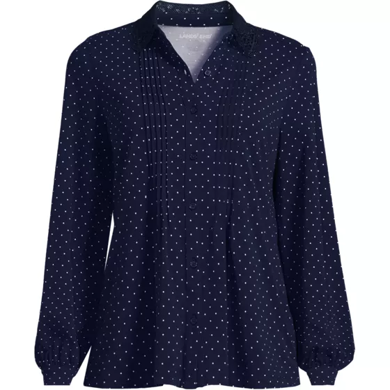 Women's Plus Size Long Sleeve Lightweight Jersey Button Front Trim Collar Pintuck Blouse - primary