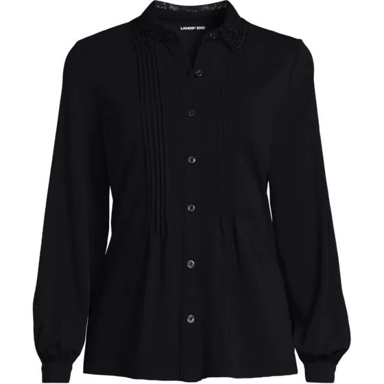 Women's Long Sleeve Lightweight Jersey Button Front Trim Collar Pintuck Blouse - primary
