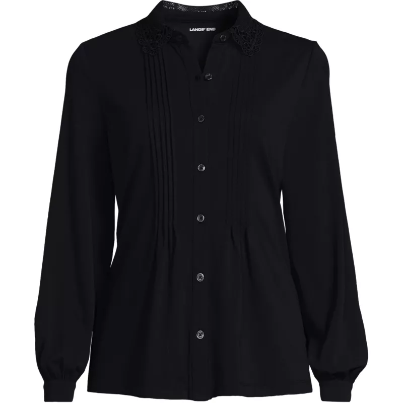 Women's Long Sleeve Lightweight Jersey Button Front Trim Collar Pintuck Blouse, Front