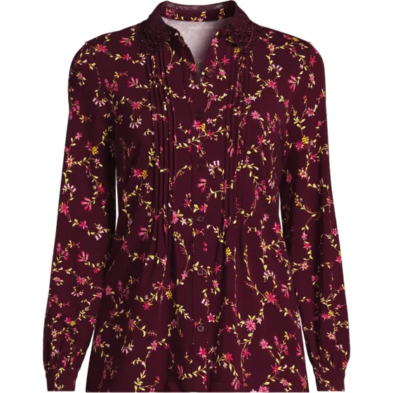 Women's Long Sleeve Lightweight Jersey Button Front Trim Collar Pintuck Blouse - primary
