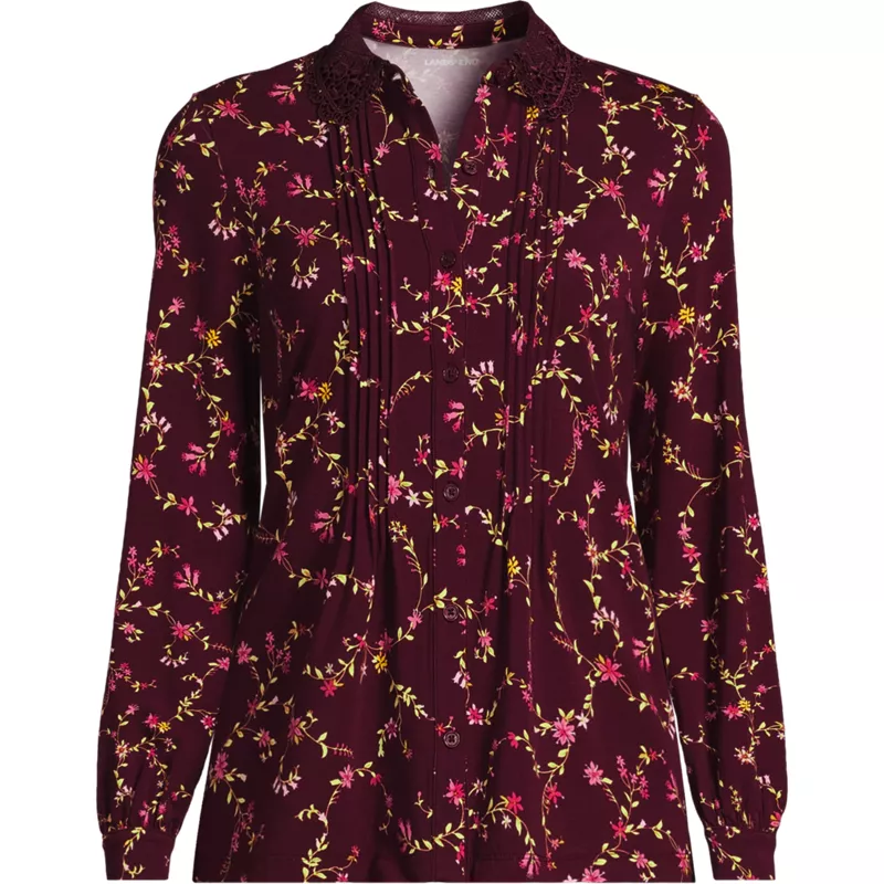 Women's Long Sleeve Lightweight Jersey Button Front Trim Collar Pintuck Blouse, Front