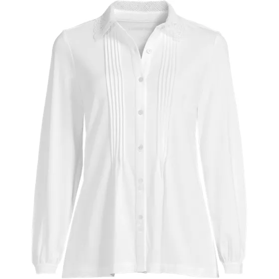 Women's Long Sleeve Lightweight Jersey Button Front Trim Collar Pintuck Blouse - primary
