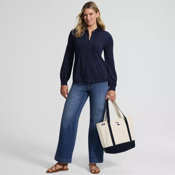 Women's Long Sleeve Lightweight Jersey Button Front Trim Collar Pintuck Blouse - primary
