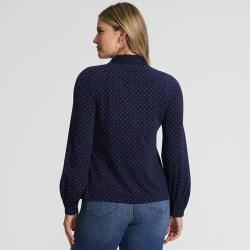 Women's Long Sleeve Lightweight Jersey Button Front Trim Collar Pintuck Blouse, Back