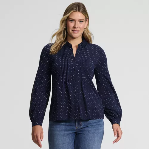 Women's Long Sleeve Lightweight Jersey Button Front Trim Collar Pintuck Blouse, Front