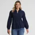 Women's Long Sleeve Lightweight Jersey Button Front Trim Collar Pintuck Blouse, Front