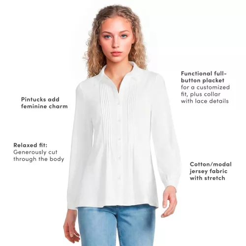 Women's Long Sleeve Lightweight Jersey Button Front Trim Collar Pintuck Blouse, alternative image