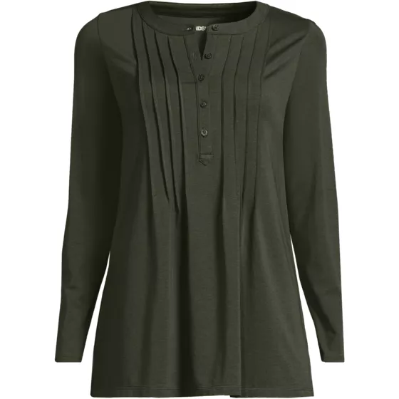Womens Long Sleeve Lightweight Jersey Pintuck Button Tunic Blouse - primary