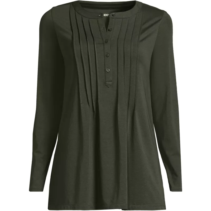 Womens Plus Size Long Sleeve Lightweight Jersey Pintuck Button Tunic Blouse, Front