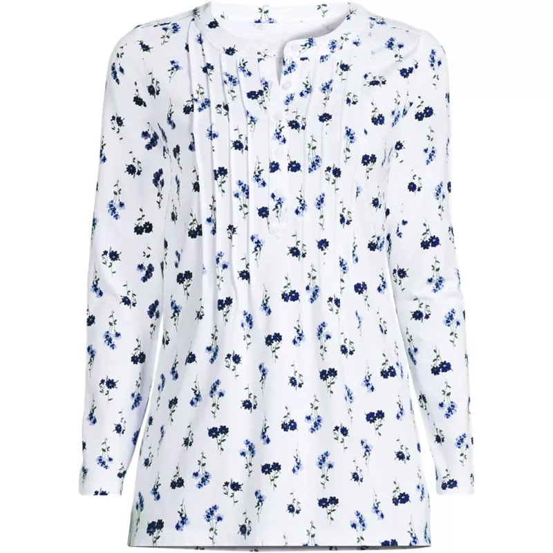 Womens Long Sleeve Lightweight Jersey Pintuck Button Tunic Blouse, Front