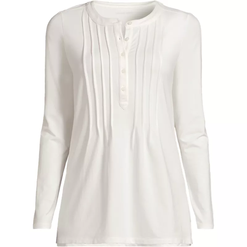 Womens Long Sleeve Lightweight Jersey Pintuck Button Tunic Blouse, Front