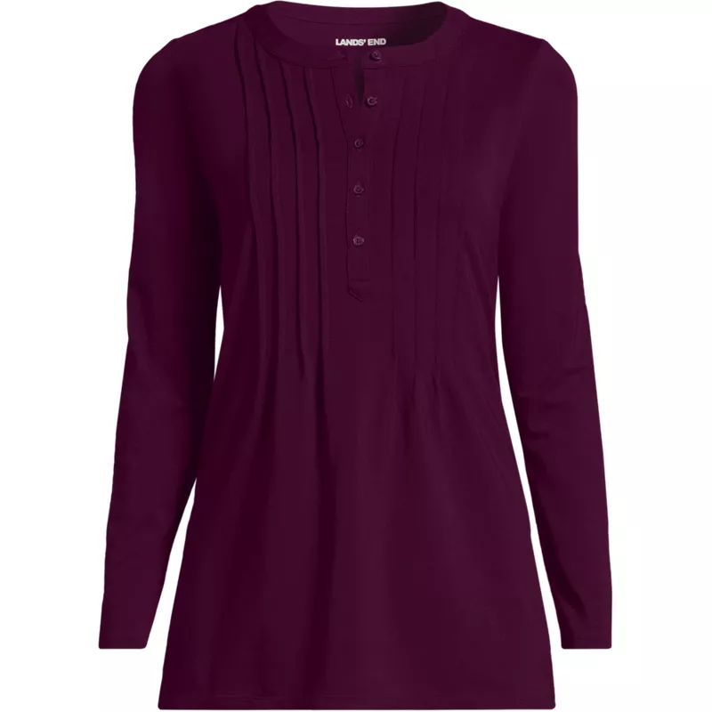 Womens Long Sleeve Lightweight Jersey Pintuck Button Tunic Blouse, Front