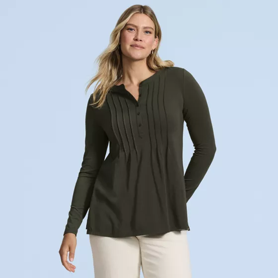Womens Long Sleeve Lightweight Jersey Pintuck Button Tunic Blouse - primary
