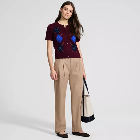 Women's Chino Mid Rise Pleated Relaxed Straight Leg Pants - primary