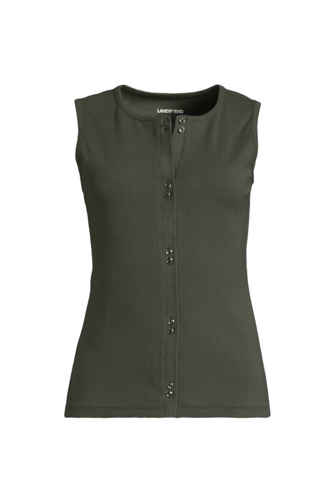 Lands' End Women's Plus Size Polished Rib Button Front Tank In Green