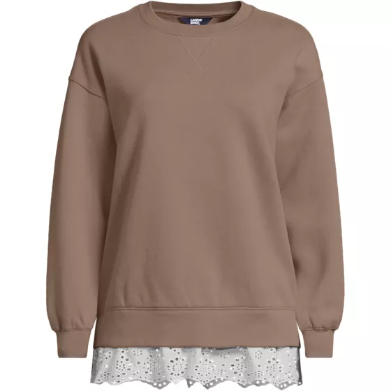 Women's Long Sleeve Serious Sweats Lace Hem Crew Neck Tunic Sweatshirt - primary