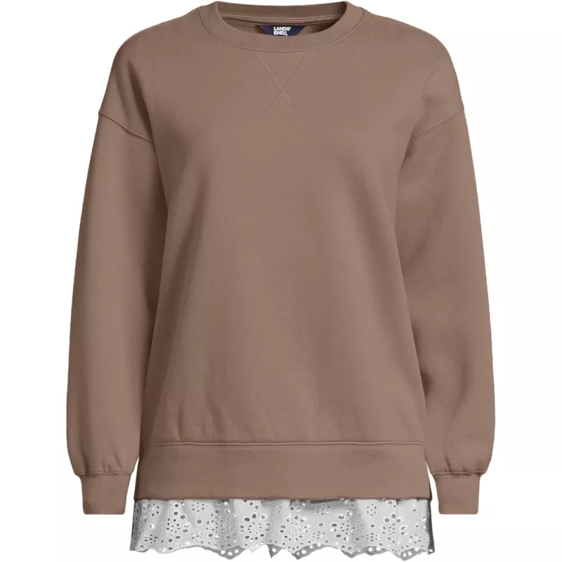 Women's Plus Size Long Sleeve Serious Sweats Lace Hem Crew Neck Tunic Sweatshirt, Front