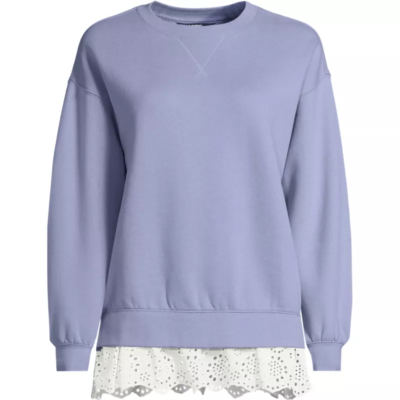 Women's Plus Size Long Sleeve Serious Sweats Lace Hem Crew Neck Tunic Sweatshirt, Front