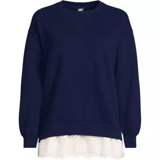 Women's Long Sleeve Serious Sweats Lace Hem Crew Neck Tunic Sweatshirt - primary