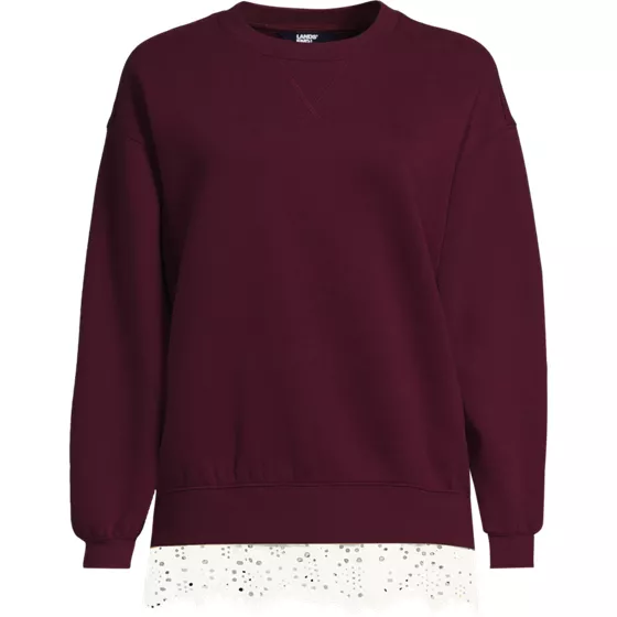 Women's Long Sleeve Serious Sweats Lace Hem Crew Neck Tunic Sweatshirt - primary