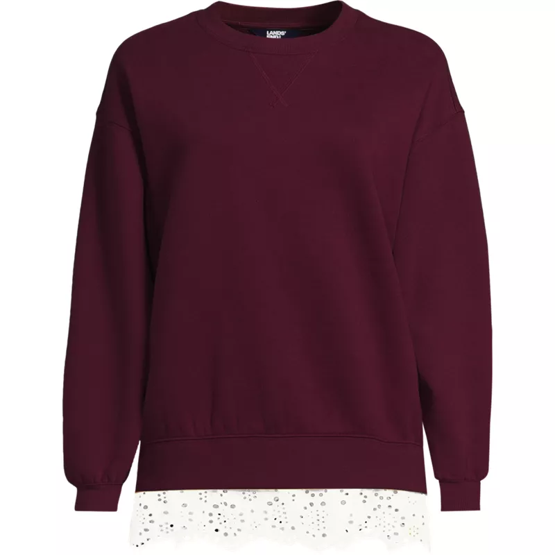 Women's Long Sleeve Serious Sweats Lace Hem Crew Neck Tunic Sweatshirt, Front