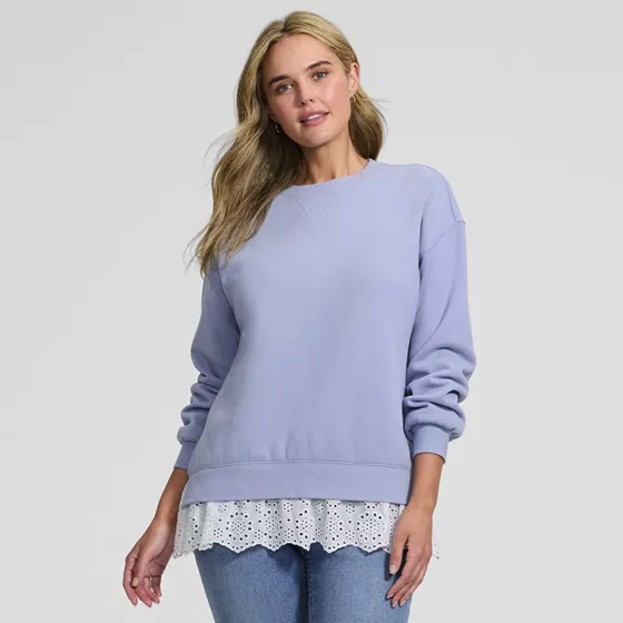 Women's Long Sleeve Serious Sweats Lace Hem Crew Neck Tunic Sweatshirt - primary