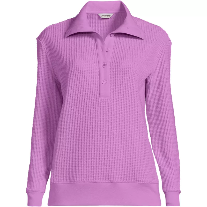 Women's Petite Long Sleeve Waffle Button Up Henley, Front