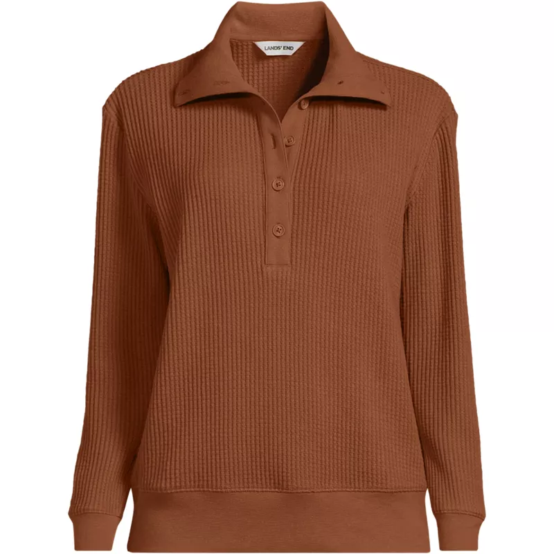 Women's Plus Size Long Sleeve Waffle Button Up Henley, Front