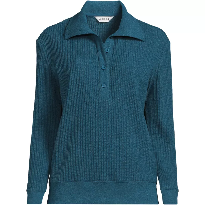 Women's Long Sleeve Waffle Button Up Henley, Front