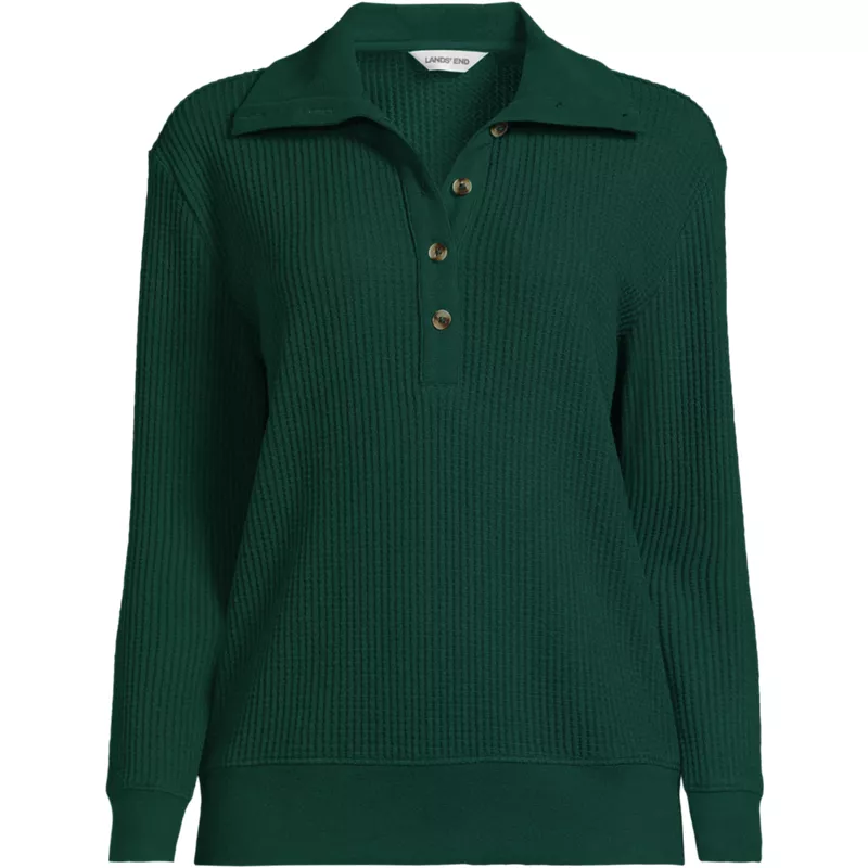 Women's Long Sleeve Waffle Button Up Henley, Front