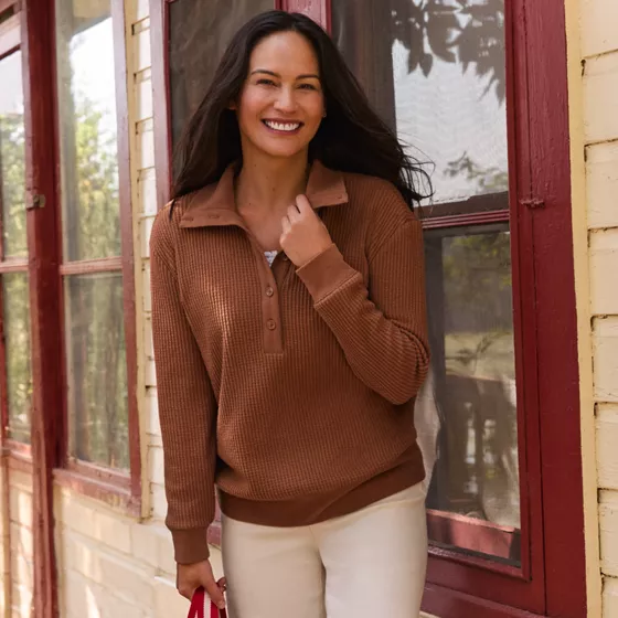 Women's Long Sleeve Waffle Button Up Henley - primary