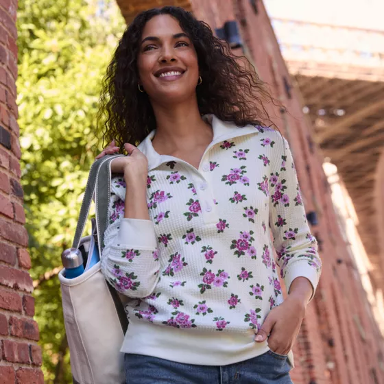 Women's Long Sleeve Waffle Button Up Henley - primary