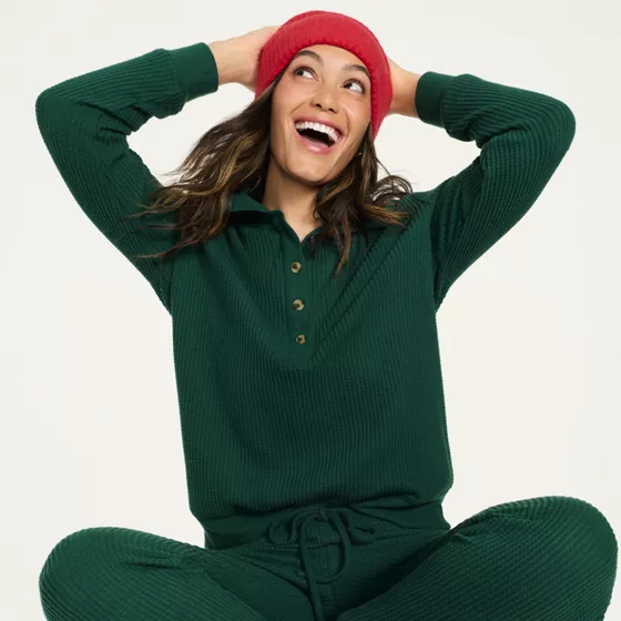 Women's Long Sleeve Waffle Button Up Henley - primary