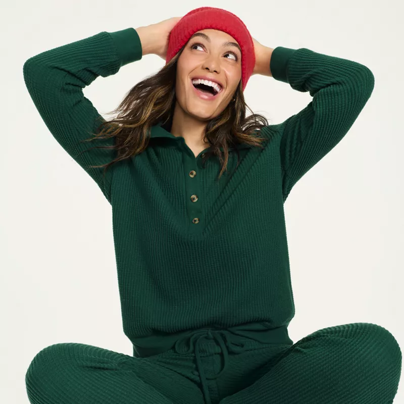 Women's Petite Long Sleeve Waffle Button Up Henley, alternative image