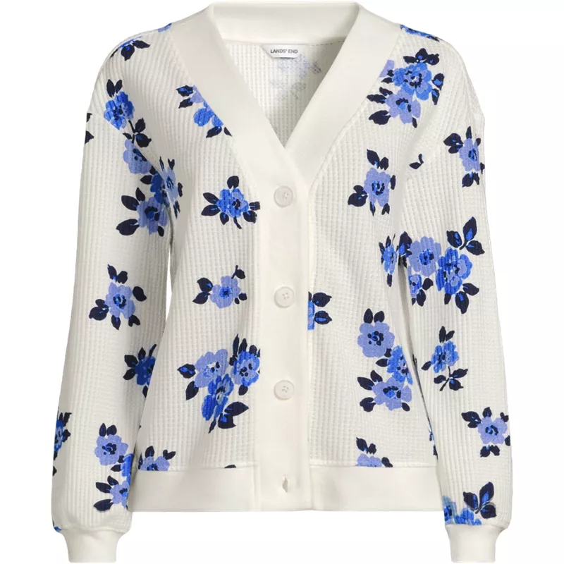 Women's Petite Long Sleeve Waffle V-neck Cardigan, Front