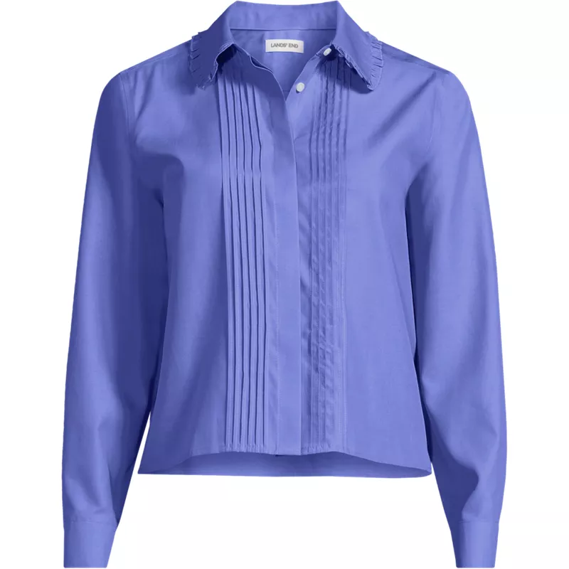 Women's Boxy Cropped No Iron Pintuck Ruffle Collar Shirt, Front