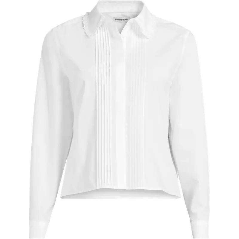 Women's Boxy Cropped No Iron Pintuck Ruffle Collar Shirt, Front