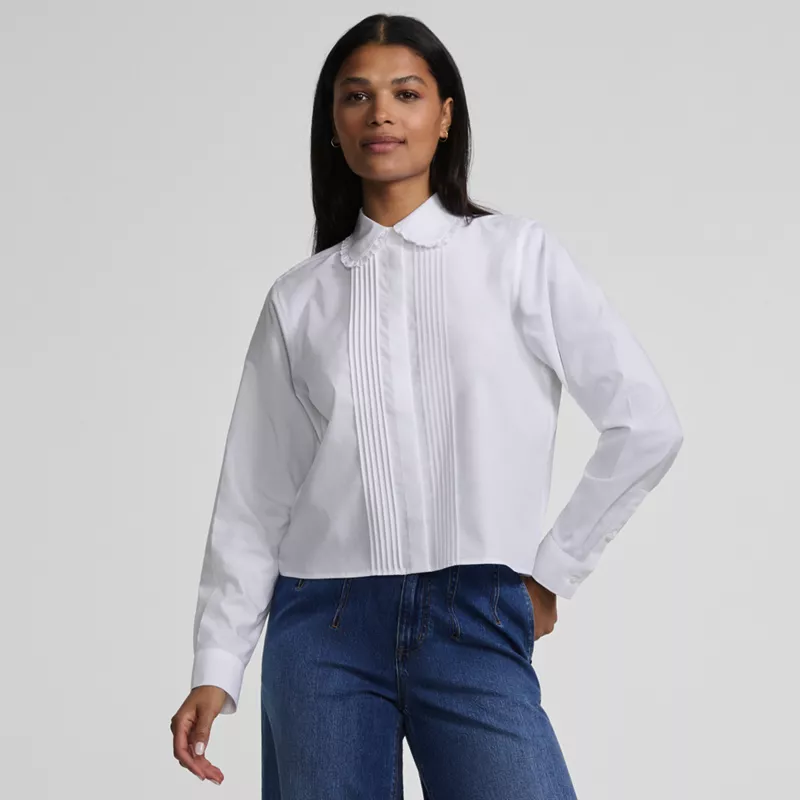 Women's Boxy Cropped No Iron Pintuck Ruffle Collar Shirt, Front