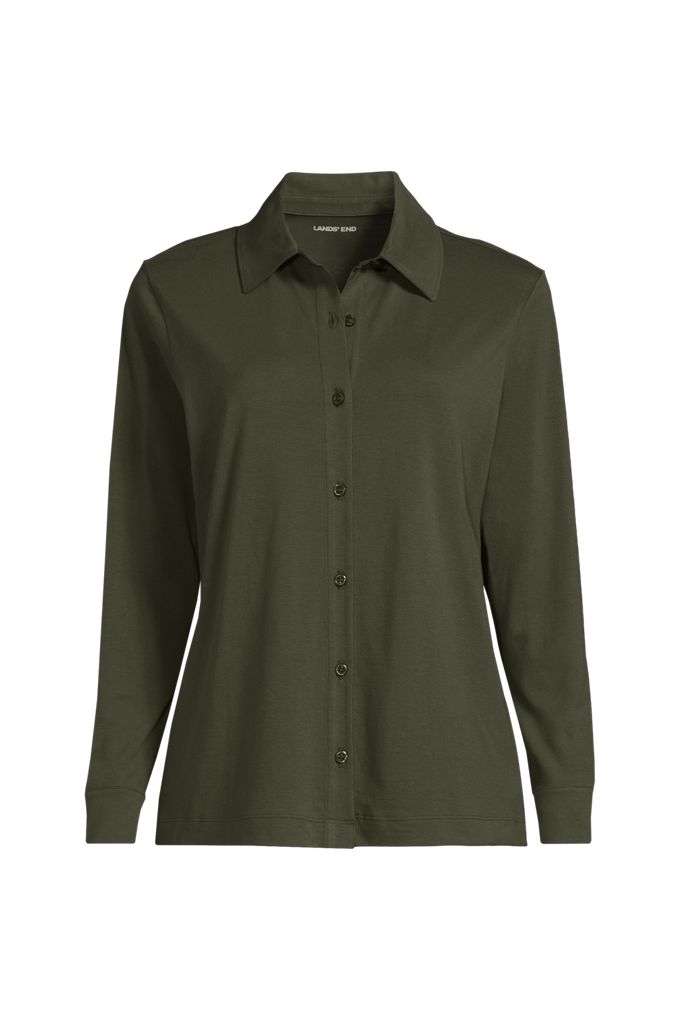 Lands' End Women's Plus Size Long Sleeve Supima Cotton Relaxed Button Front Shirt In Green