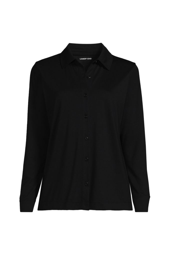 Lands' End Women's Plus Size Long Sleeve Supima Cotton Relaxed Button Front Shirt In Black