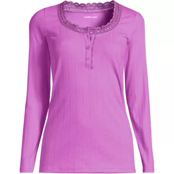 Women's Plus Size Long Sleeve Variegated Micro Rib Lace Trim Scoop Neck Top - primary