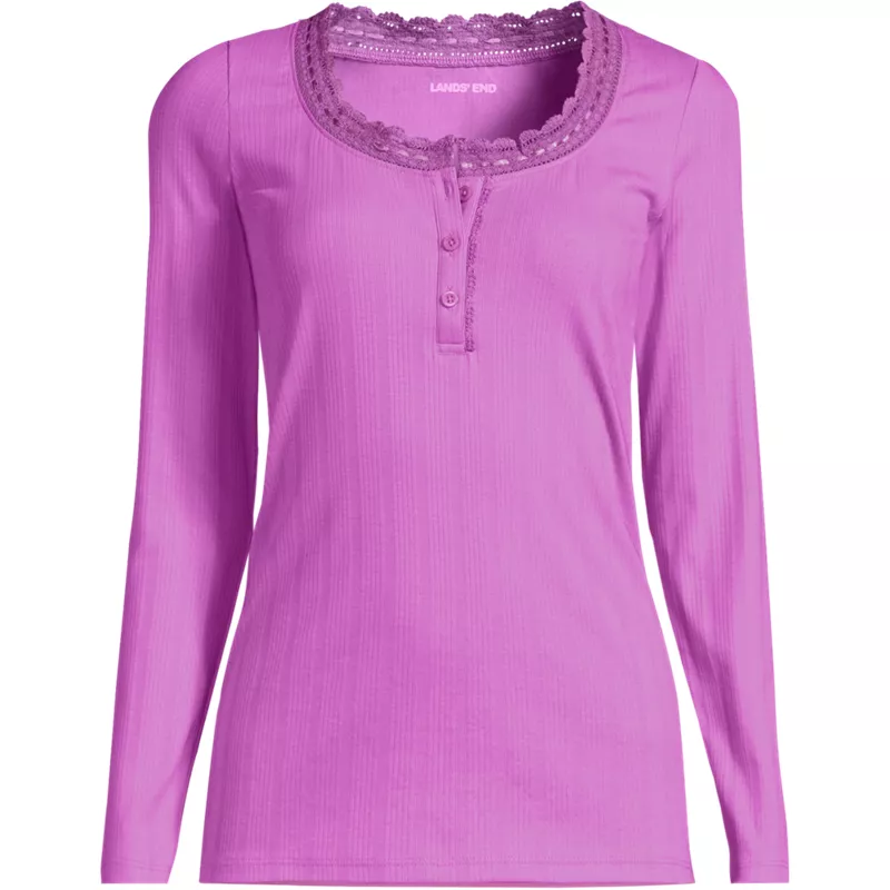 Women's Plus Size Long Sleeve Variegated Micro Rib Lace Trim Scoop Neck Top, Front