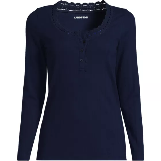 Women's Long Sleeve Variegated Micro Rib Lace Trim Scoop Neck Top - primary