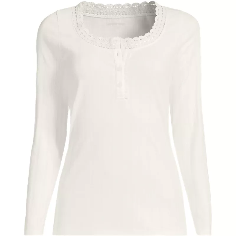 Women's Long Sleeve Variegated Micro Rib Lace Trim Scoop Neck Top, Front