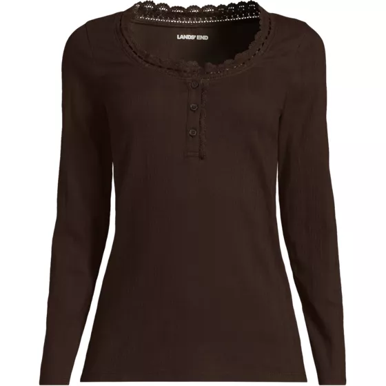 Women's Long Sleeve Variegated Micro Rib Lace Trim Scoop Neck Top - primary